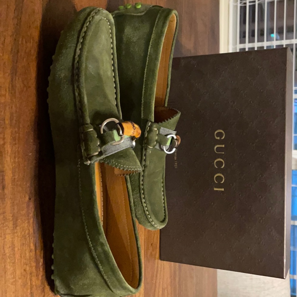 Green suede Gucci Driving Shoes.